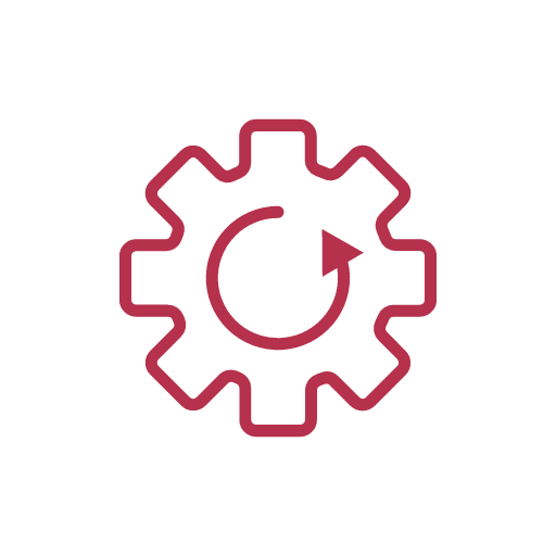 Reusability icon - a Cog with a circular arrow, spinning counter-clockwise inside