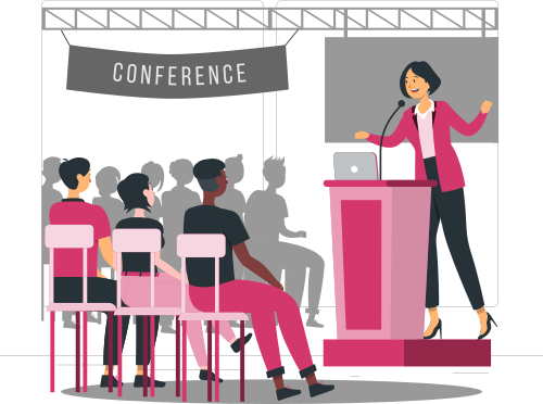 An illustration of people attending a conference talk.